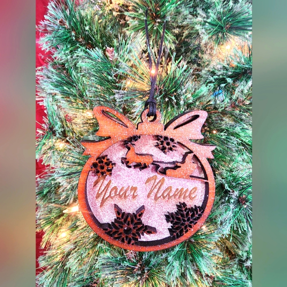 Custom wood holiday ornaments, white & orange colors, 3 1/2" wide × 4" tall
